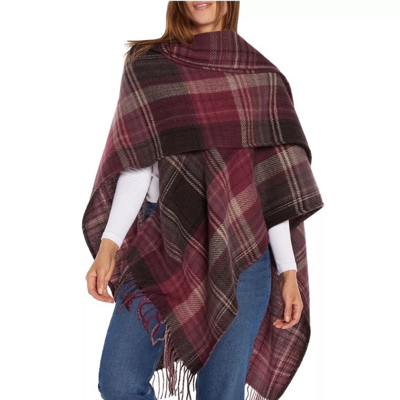 Woolrich Womens Burgundy Plaid wrap Shawl Poncho One Size - Picture 4 of 10